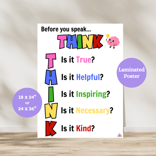 Think Before You Speak classroom anchor chart featuring the THINK acronym: Is it True, Helpful, Inspiring, Necessary, and Kind? Colorful laminated SEL poster for elementary and middle school classrooms, promoting respectful communication and social-emotional learning skills with bold text and kid-friendly visuals.