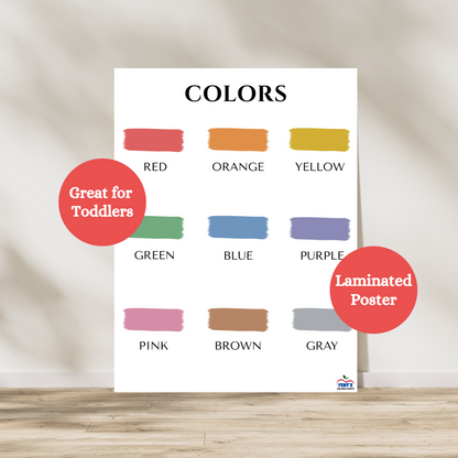 Learning colors laminated poster. Teachers toddlers the nine main colors. Great for preschool and kindergarten classrooms. Great for homeschooling and toddler bedroom decor.
