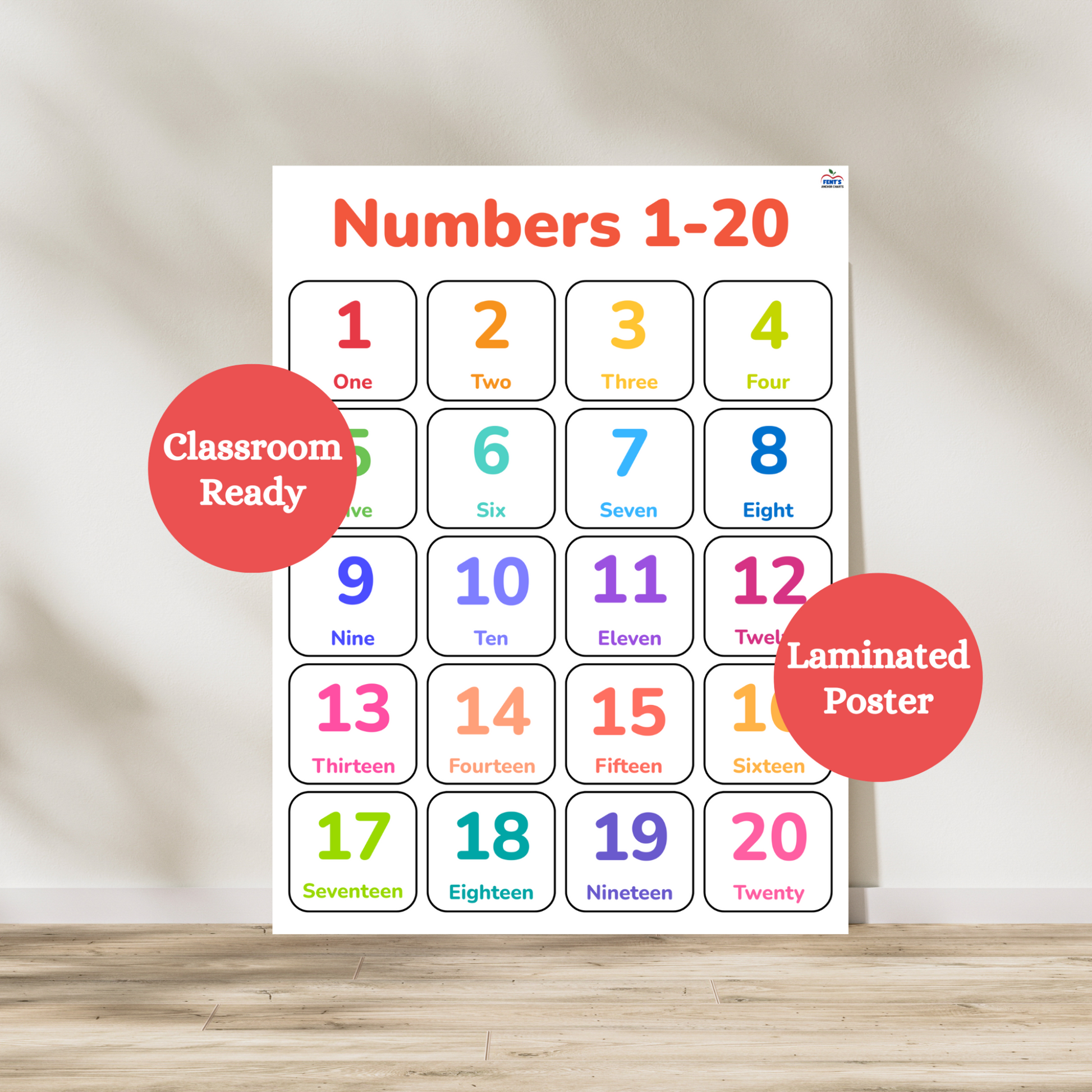Colorful counting numbers 1-20 laminated poster great for young children at home and in the classroom. Laminated for classroom durability
