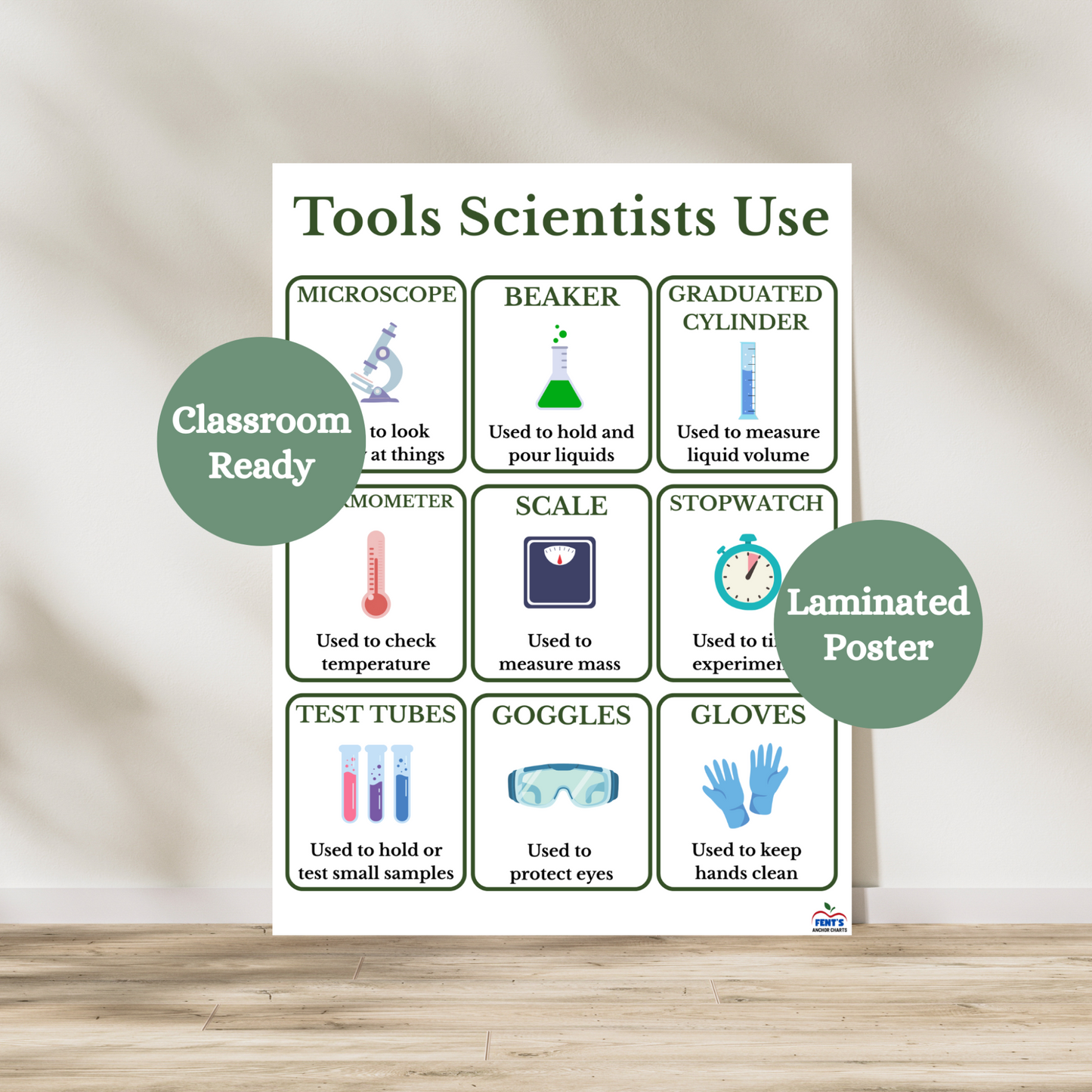 Laminated tools scientists use anchor chart for teachers and classrooms. Used in science labs and elementary and middle school classrooms. Chart that breaks down the main equipment used during science experiment.