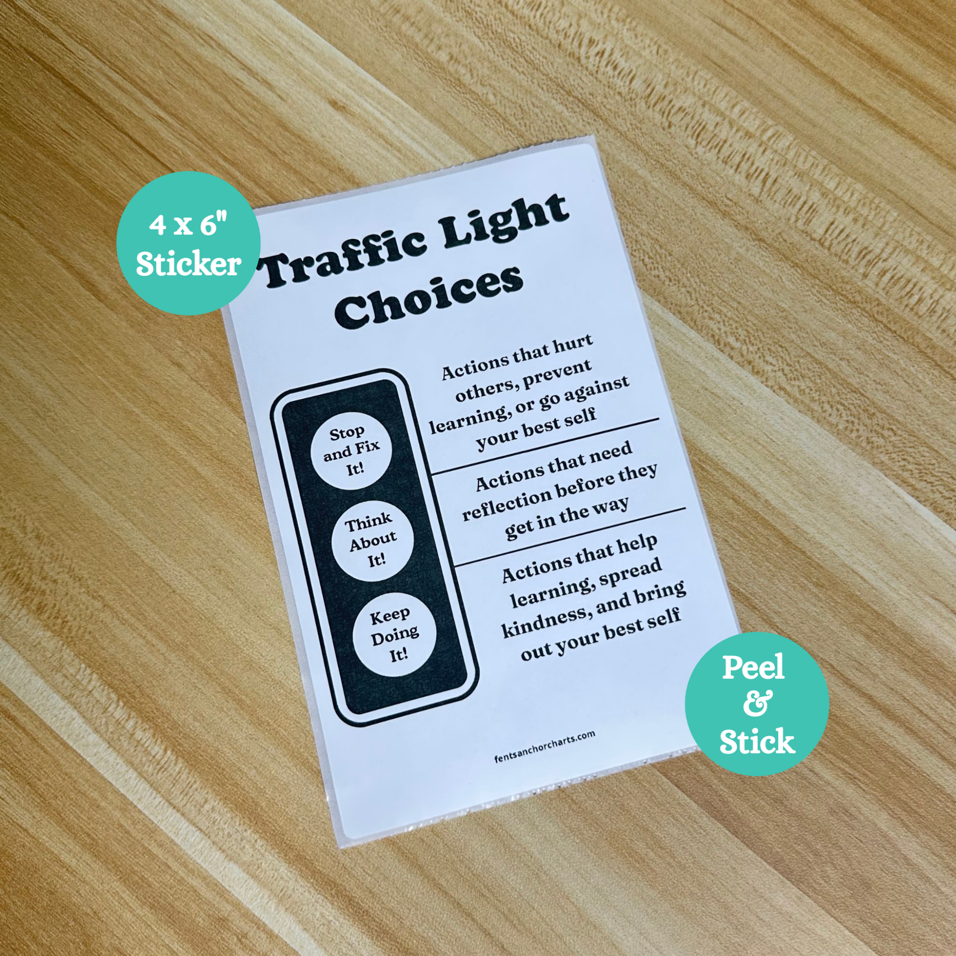 This Traffic Light Choices anchor chart features a big traffic light with green, yellow and red colors. Each color represents student behaviors.