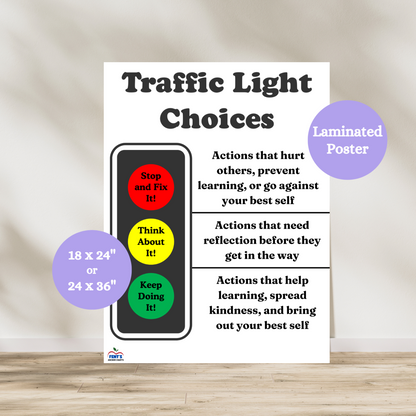 This Traffic Light Choices laminated anchor chart features a big traffic light with green, yellow and red colors. Each color represents student behaviors. Laminated for durability in elementary classrooms.