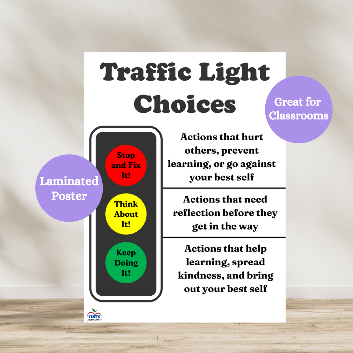 This Traffic Light Choices laminated anchor chart features a big traffic light with green, yellow and red colors. Each color represents student behaviors. Laminated for durability in elementary classrooms.