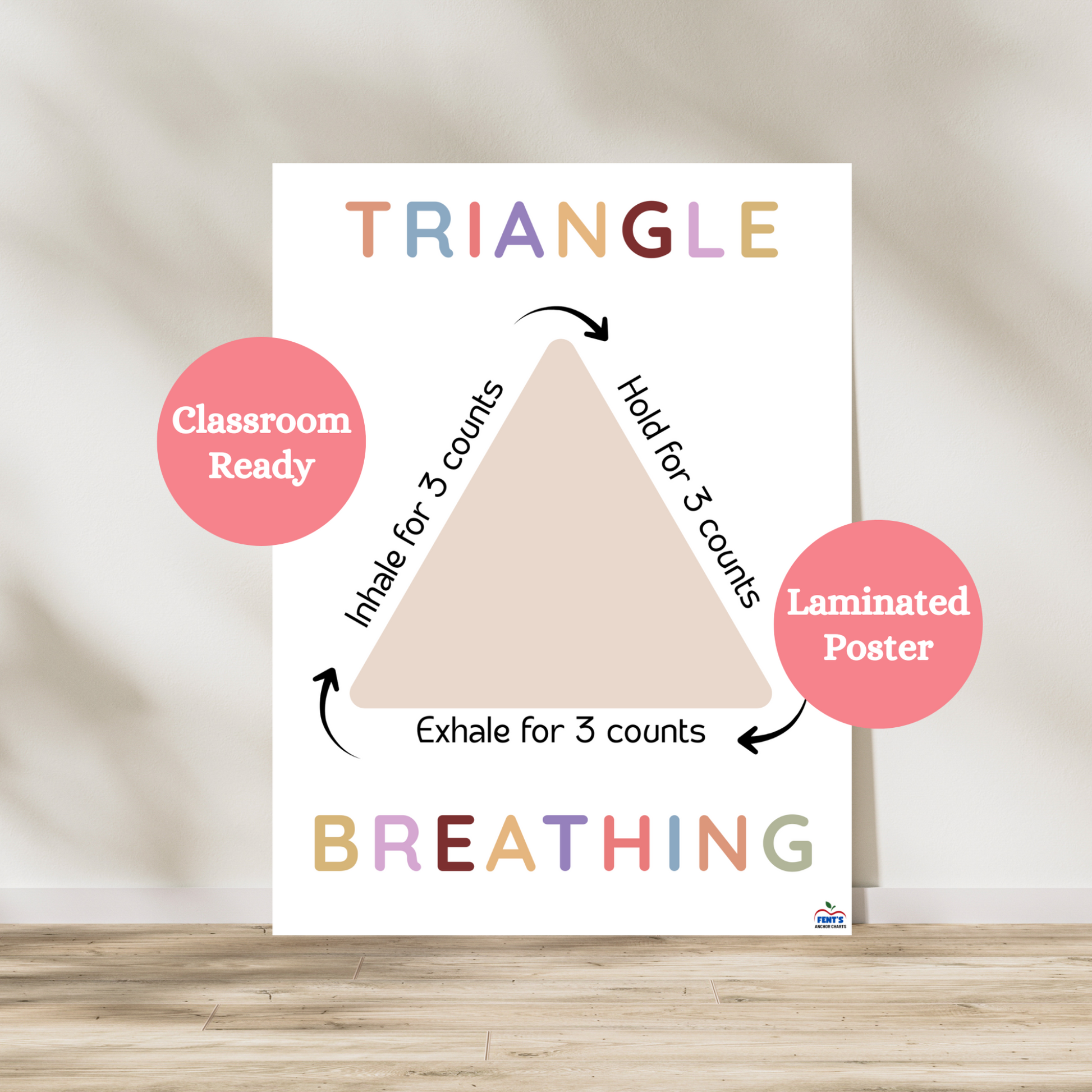 Triangle breathing poster for mindfulness breathing for children. Featuring a triangle and how to triangular breathe. Used in classrooms, guidance counselor and school psychologist offices. Laminated for durability.