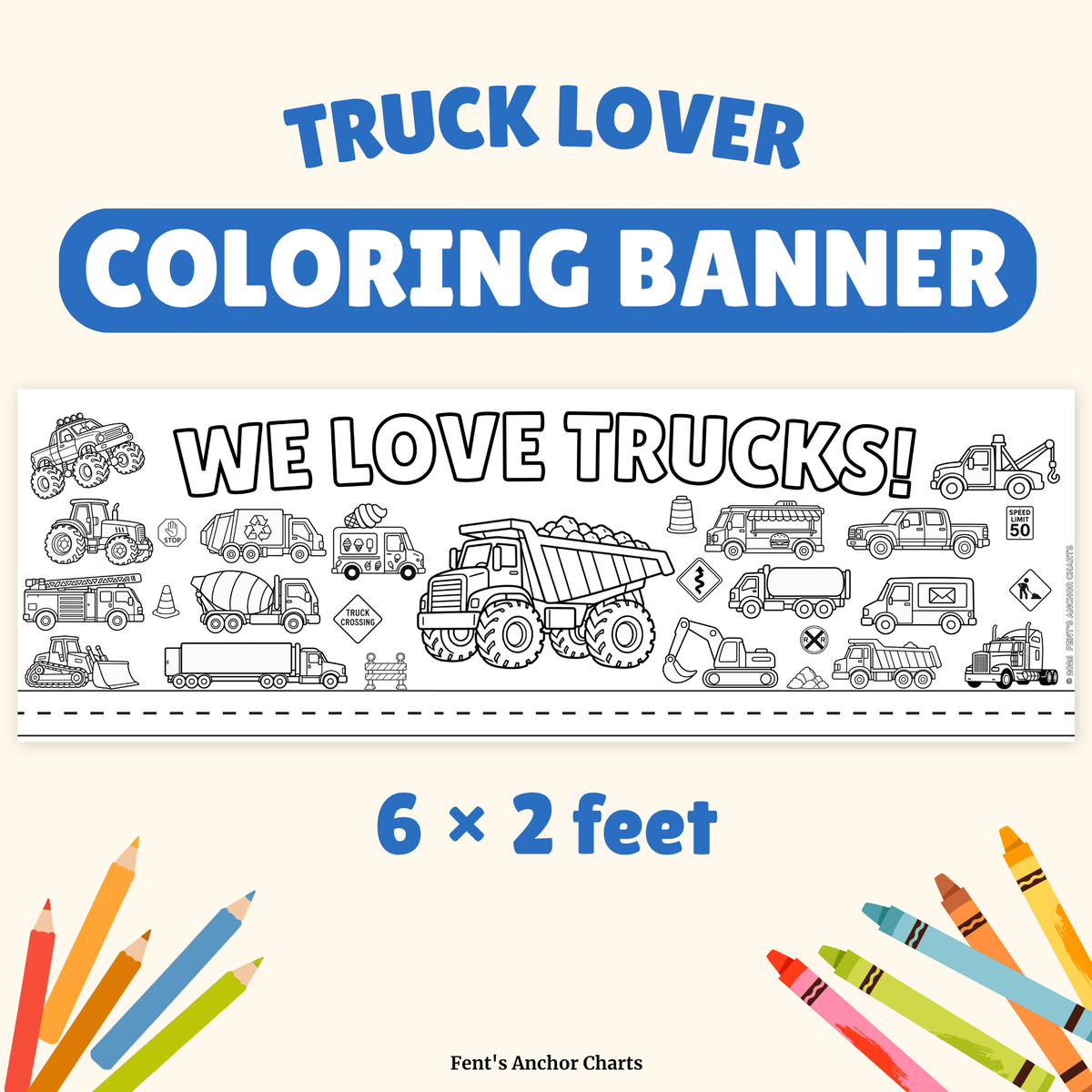 Giant 6 x 2 feet coloring banner for truck lovers. Great activity for children at birthday parties, playdates and more.
