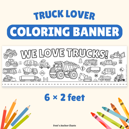 Giant 6 x 2 feet coloring banner for truck lovers. Great activity for children at birthday parties, playdates and more.