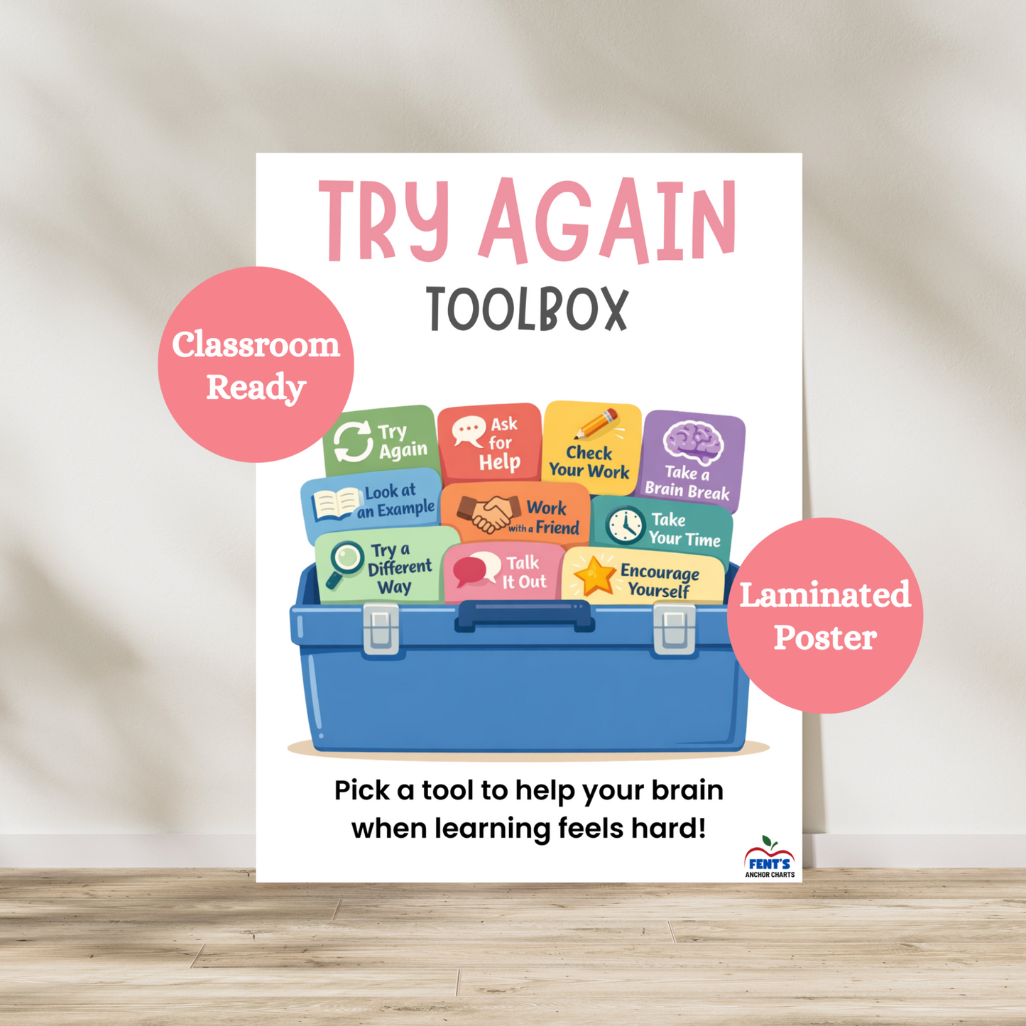Trying Again Toolbox laminated poster. Great anchor chart for elementary classroom, guidance counselor offices and homeschool setups. This poster gives children strategies to use when they are struggling with learning.