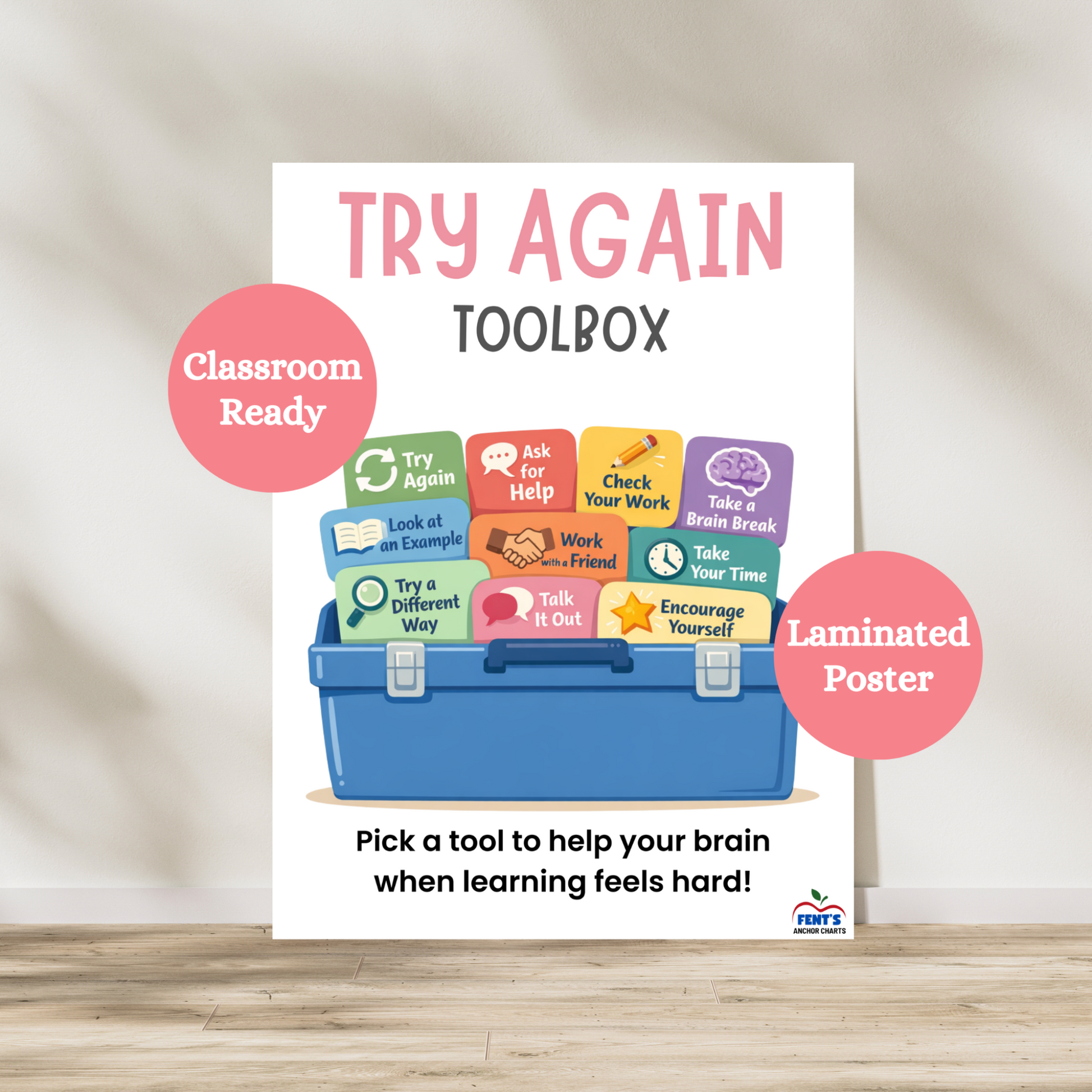 Trying Again Toolbox laminated poster. Great anchor chart for elementary classroom, guidance counselor offices and homeschool setups. This poster gives children strategies to use when they are struggling with learning.