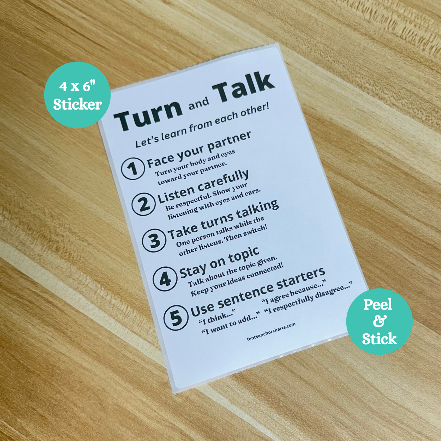 Turn and talk thermal printed anchor chart sticker features the five main steps of successfully implementing the turn and talk discussion protocol. Great for elementary classroom.