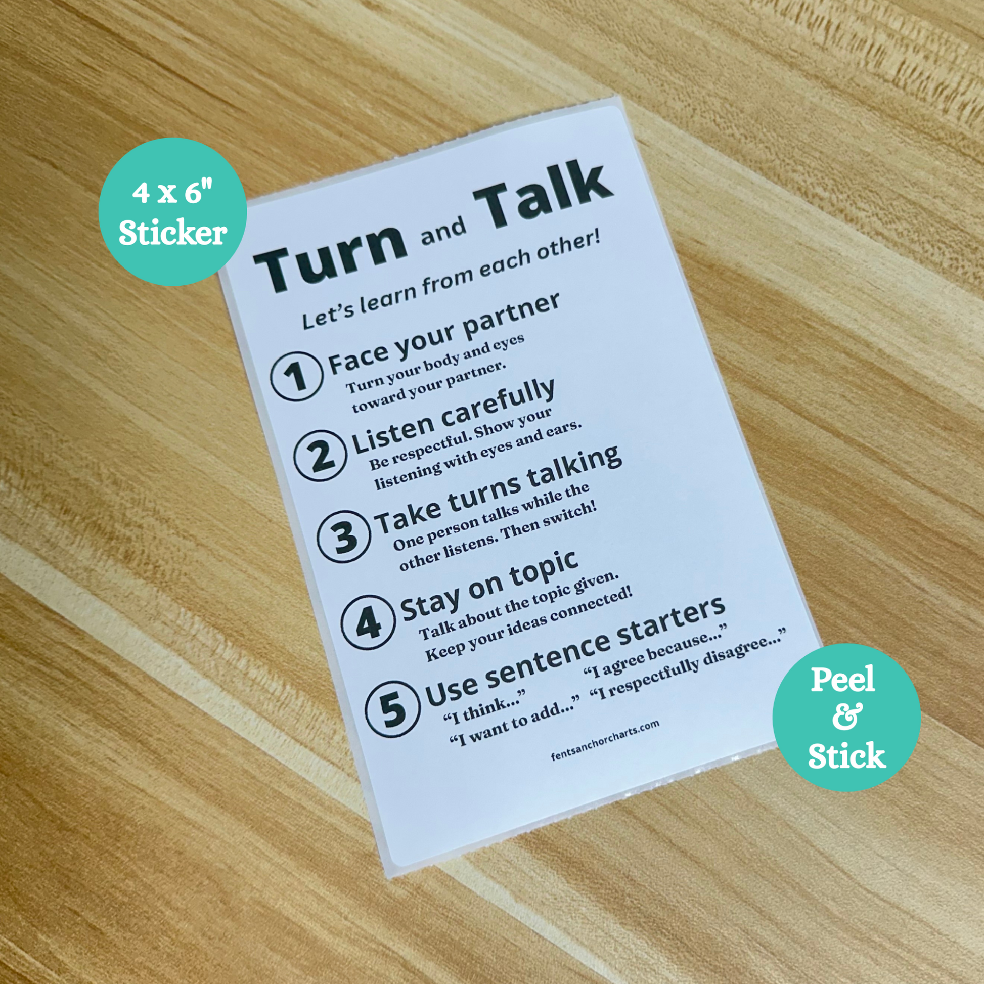 Turn and talk thermal printed anchor chart sticker features the five main steps of successfully implementing the turn and talk discussion protocol. Great for elementary classroom.