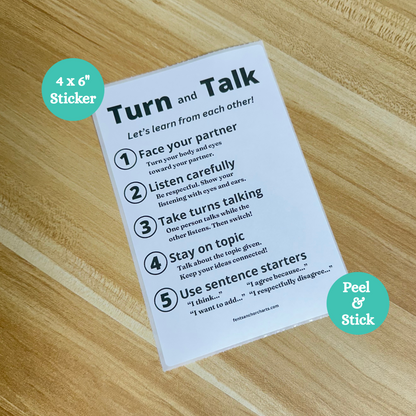 Turn and talk thermal printed anchor chart sticker features the five main steps of successfully implementing the turn and talk discussion protocol. Great for elementary classroom.