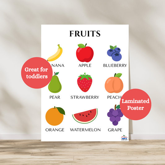 Types of Fruits laminated poster. Great poster for to teach toddlers about the different types of fruits. Great for toddler bedrooms, preschool classrooms, and nursery classrooms.
