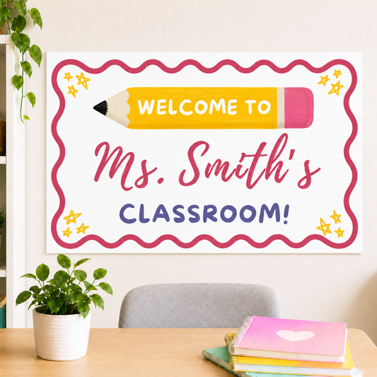 Welcome to teacher's name classroom banner. Professionally printed and laminated for teachers to hang in their classroom, hallways, or on their doors. Laminated for durability.