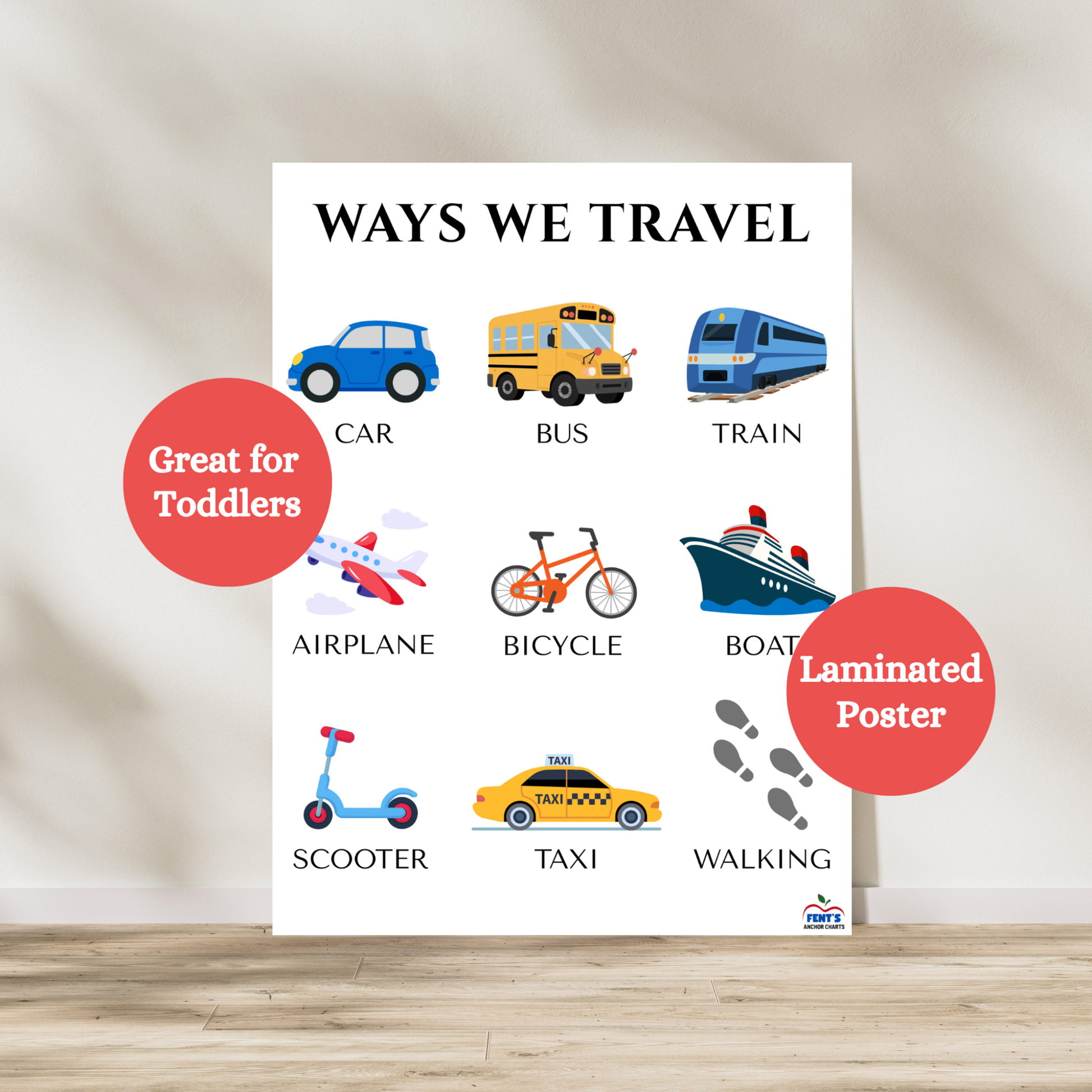 Ways we travel laminated poster for toddlers. Great poster to break down transportation. Great for preschool classrooms.
