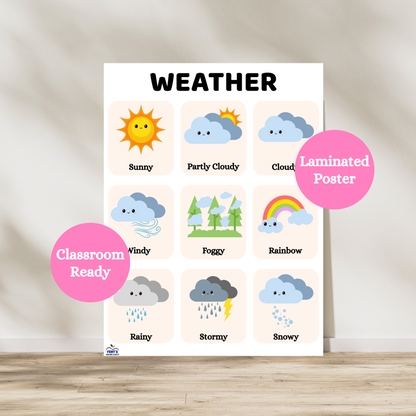 Nine most common types of weather with graphics. Laminated for classroom durability.