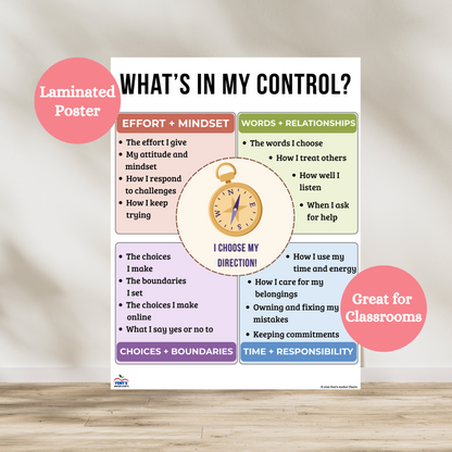 What's in my Control laminated anchor chart that breaks what is in students control into four categories: effort and mindset, words and relationships, choices and boundaries and time and responsibility. Laminated for classroom durability.