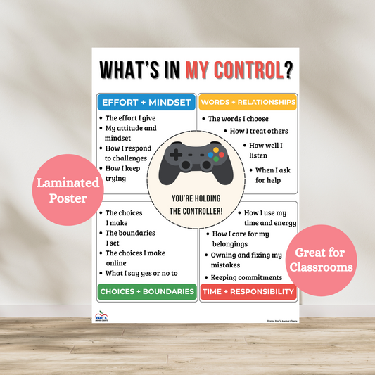 What's in my Control laminated anchor chart that breaks what is in students control into four categories: effort and mindset, words and relationships, choices and boundaries and time and responsibility. Laminated for classroom durability.
