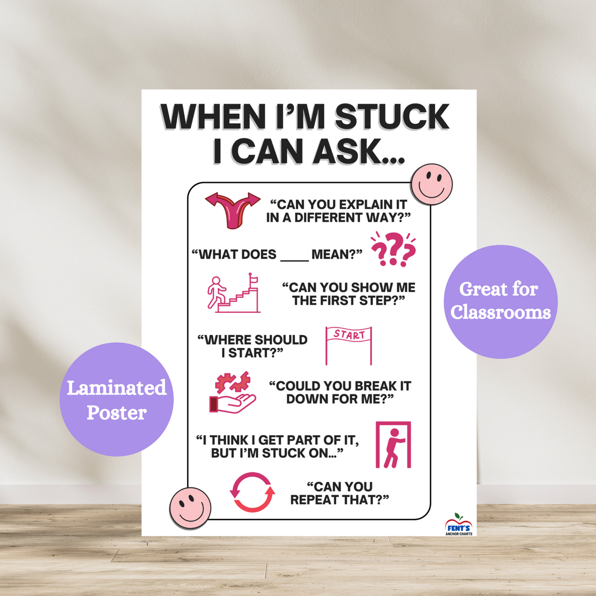 When I'm stuck I can ask laminated poster that features 7 questions students should ask when they do not understand something in your classroom. Laminated for durability in elementary classrooms.
