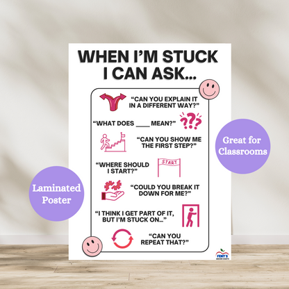 When I'm stuck I can ask laminated poster that features 7 questions students should ask when they do not understand something in your classroom. Laminated for durability in elementary classrooms.