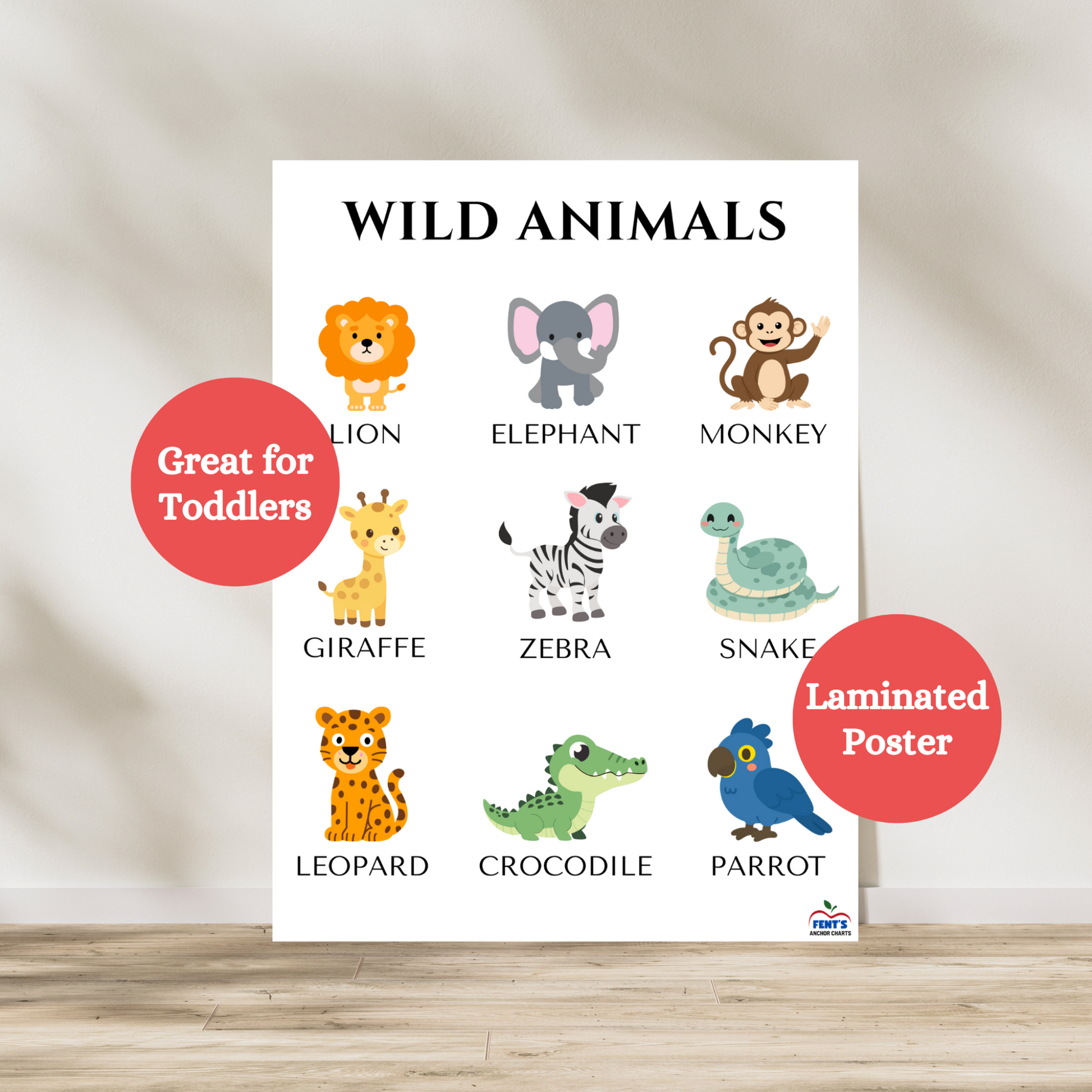 Wild animals poster for kids featuring lion, elephant, monkey, giraffe, zebra, snake, leopard, crocodile, and parrot with labels. Great for toddler rooms, preschool and nursery school classrooms.