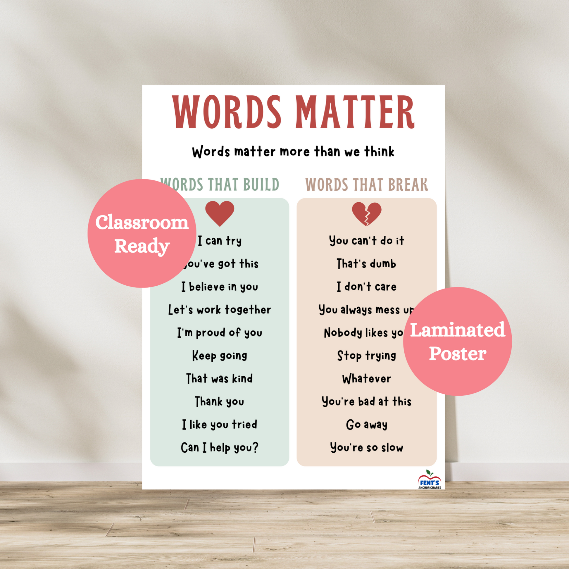 Words matter laminated anchor chart that breaks down for children examples of words that build and examples of words that break. Great for social emotional learning classrooms.