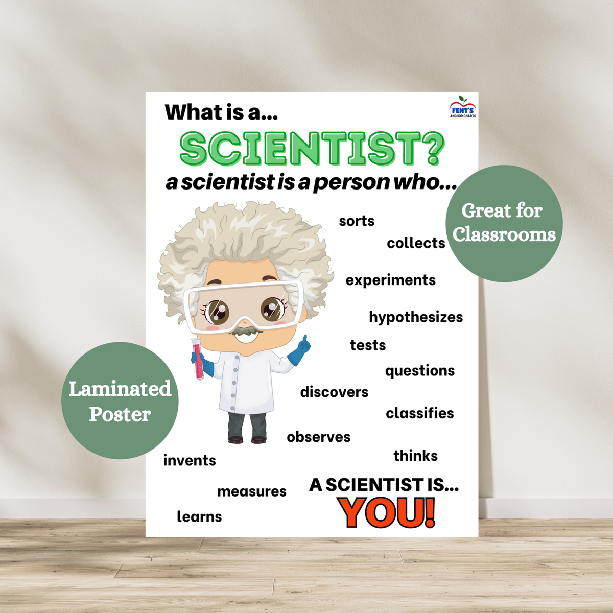 Laminated science classroom anchor chart titled 'What Is a Scientist?' featuring a young scientist and a list of key scientist traits like curiosity, observation, questioning, and experimenting around him. This science classroom poster is perfect for elementary teachers, STEM classrooms, science bulletin boards, and homeschool learning environments.